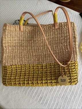 Nine West Two-Tone Woven Tote in Natural and Mustard